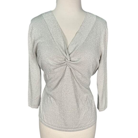 August Silk Silver Metallic Knit Top Large V Neck 3/4 Sleeve Holiday Party Lux - Picture 11 of 11